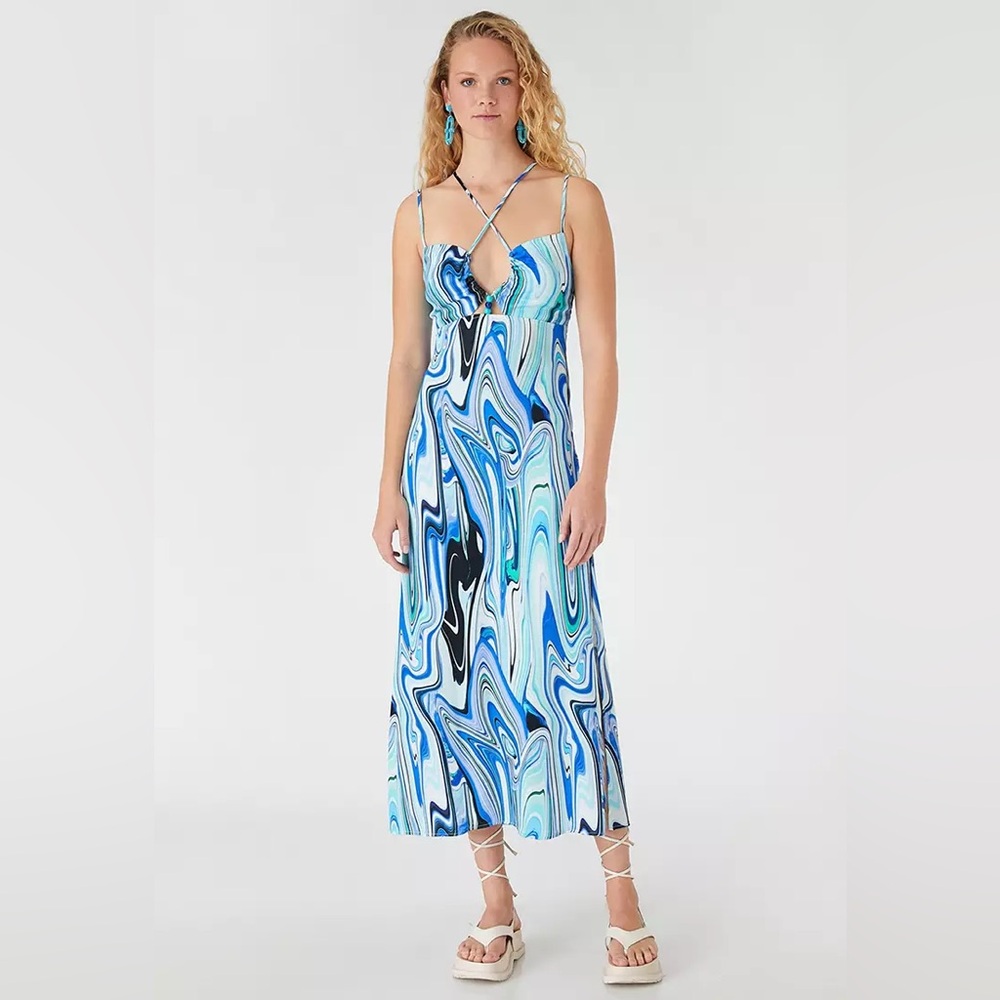 NWT Koton Strappy Slit Maxi Dress Women’s 34 (XS) Blue Print Halter Vacation